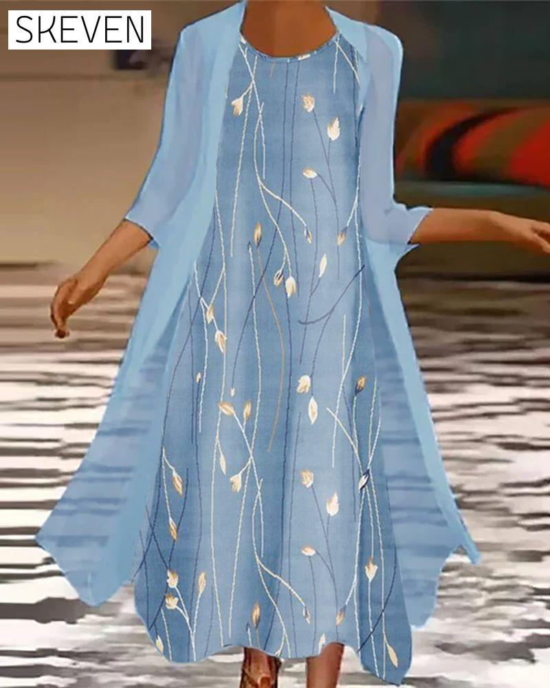 3/4 sleeve printed dress Sky Blue 23BF Casual Dresses Clothes Dresses Spring Summer