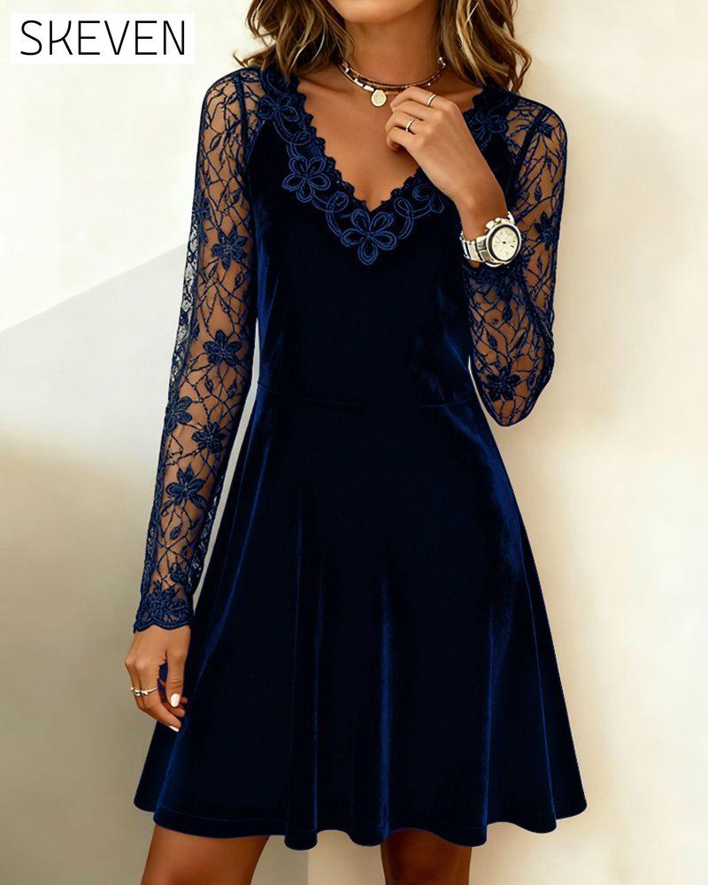 Lace-Trimmed Velvet A-Line Dress