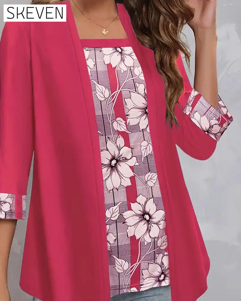 Printed Fake Two-Piece Long-Sleeved Top