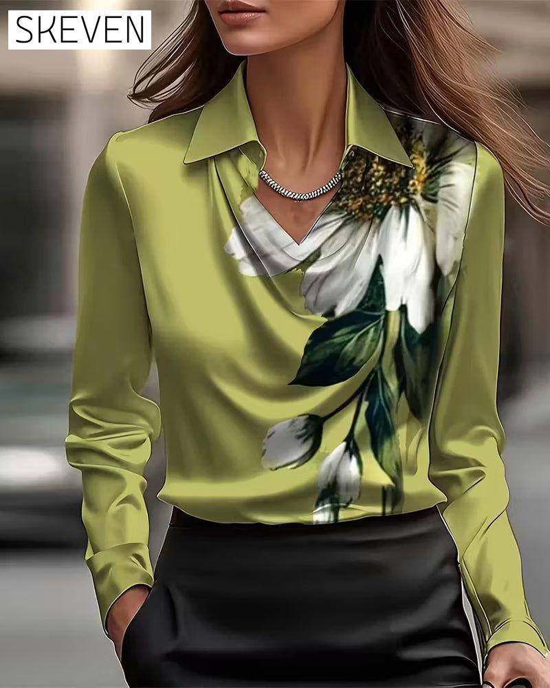 Lapel Straight Shoulder Printed Blouse