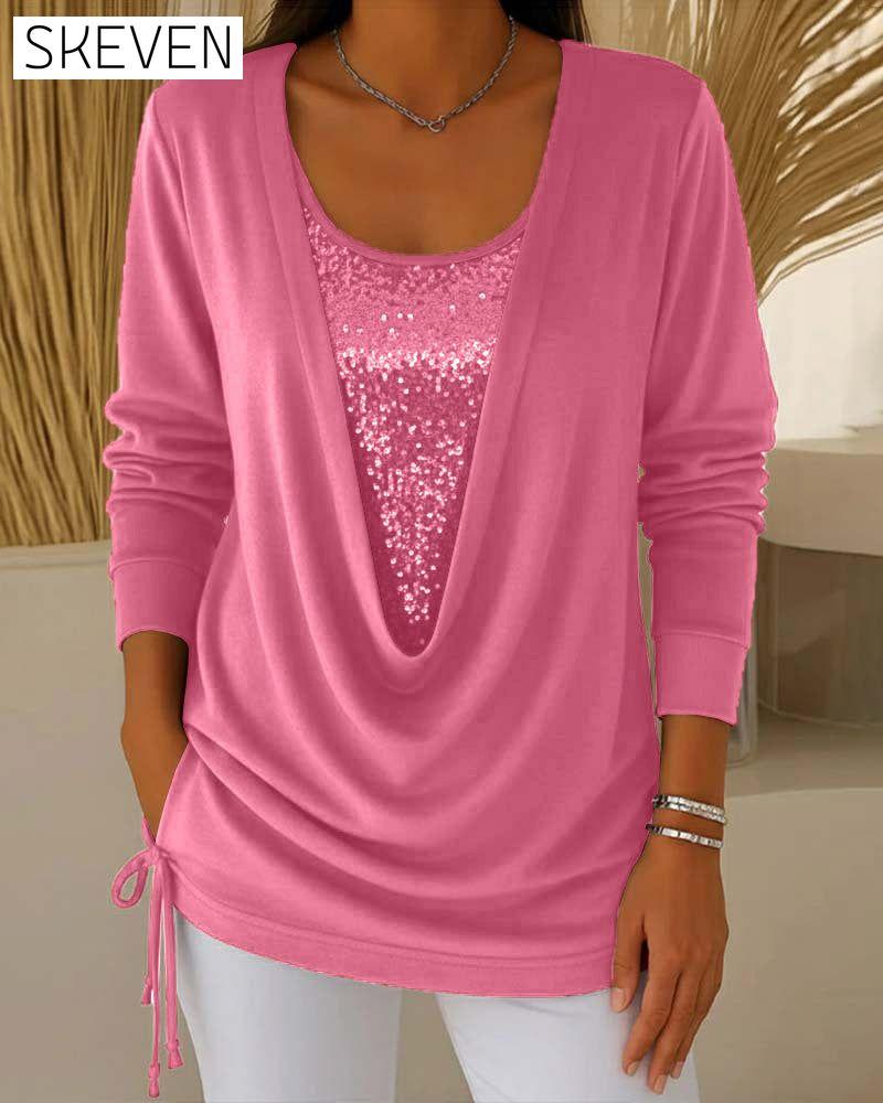 Sequin Contrast Color Faux Two-Piece Top