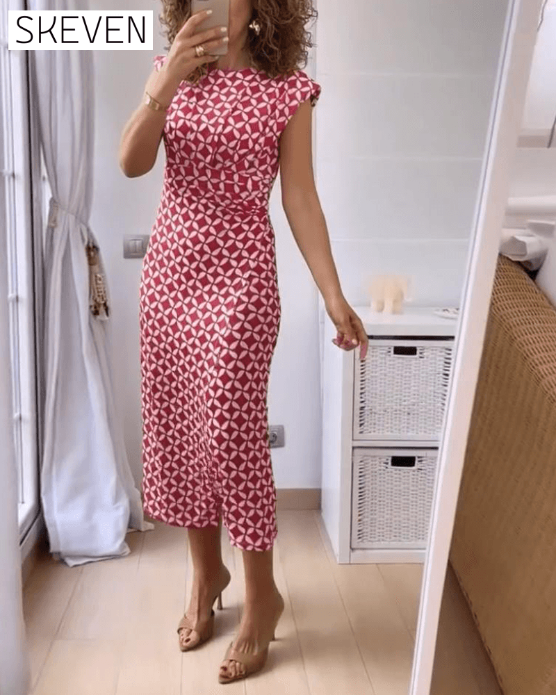 Geometric print round neck sleeveless elegant dress