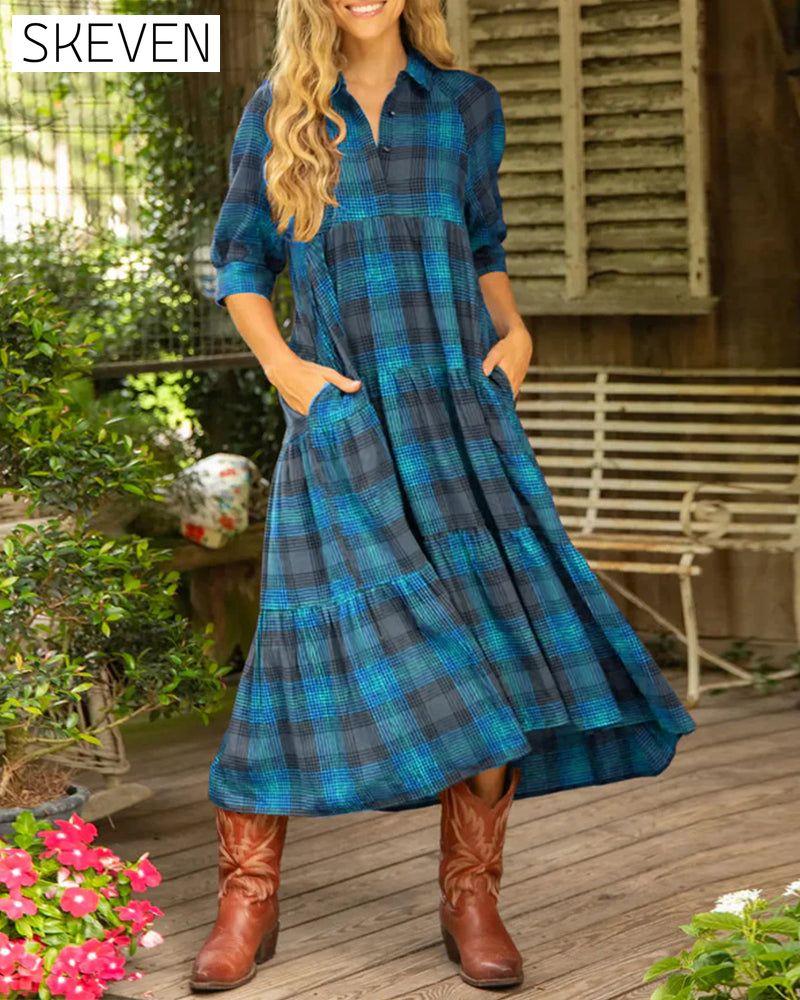 Lapel Plaid Half-Sleeved Dress