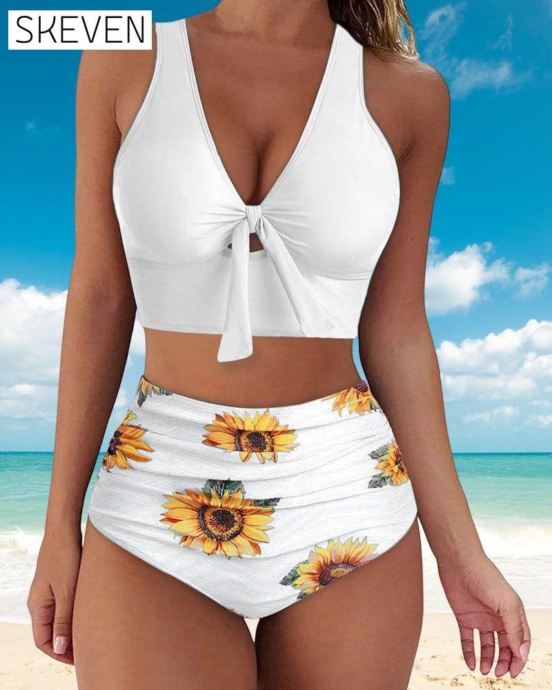 High Waist Push Up Floral Print Bikinis White 23BF Bikinis Clothes Summer Swimwear