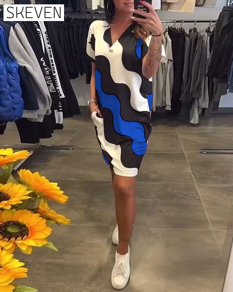 V-Neck Wave Print Dress