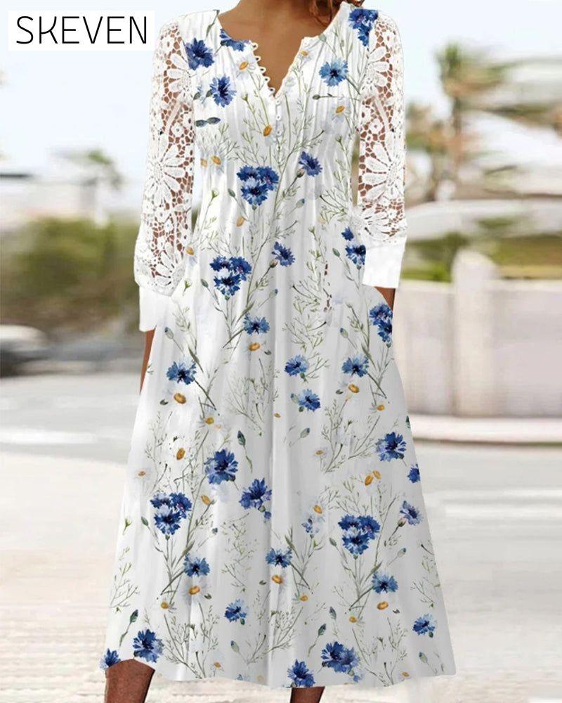 Lace Dress with Floral Print White 23BF Casual Dresses Clothes Dresses SALE Spring Summer