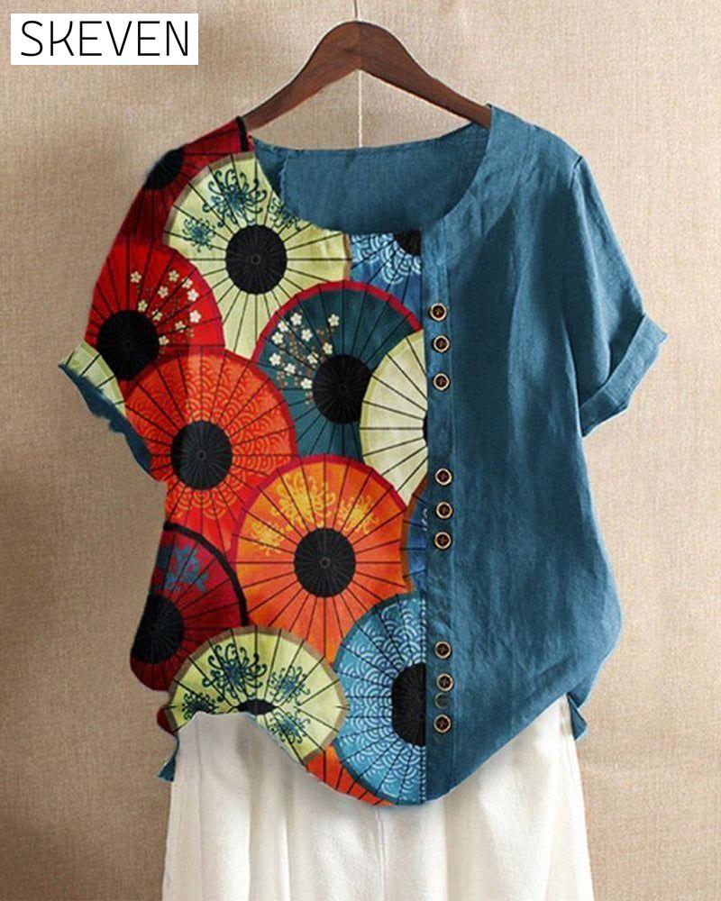 Printed crew neck T-shirt Blue 23BF clothes SALE Short Sleeve Tops Spring Summer T-shirts Tops/Blouses