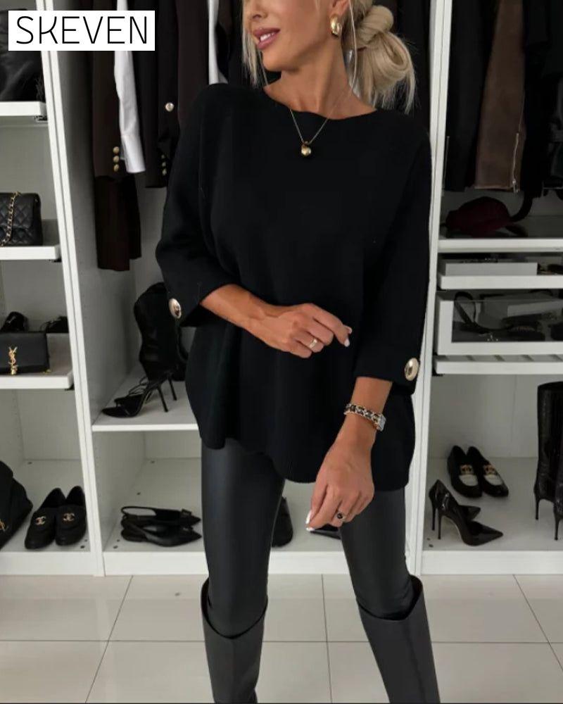 Fashion solid color round neck button pullover