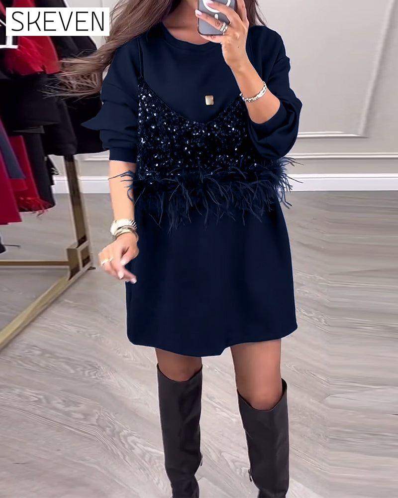 Fashion solid color sequin feather patchwork dress
