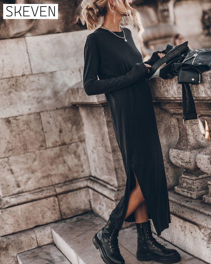 Round Neck Slit Long Dress Black 2023 f/w 23BF casual dresses Clothes Dresses