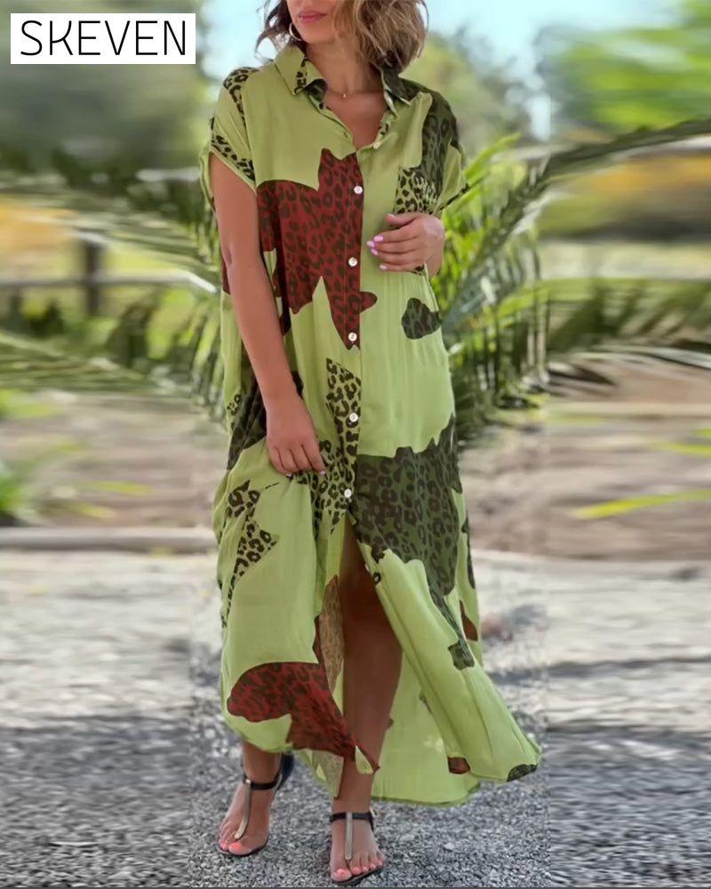 Short Sleeve Leopard Print Dress Green 23BF Casual Dresses Clothes Dresses Summer