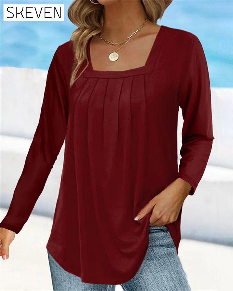 Langarmshirt mit eckigem Ausschnitt und Falten