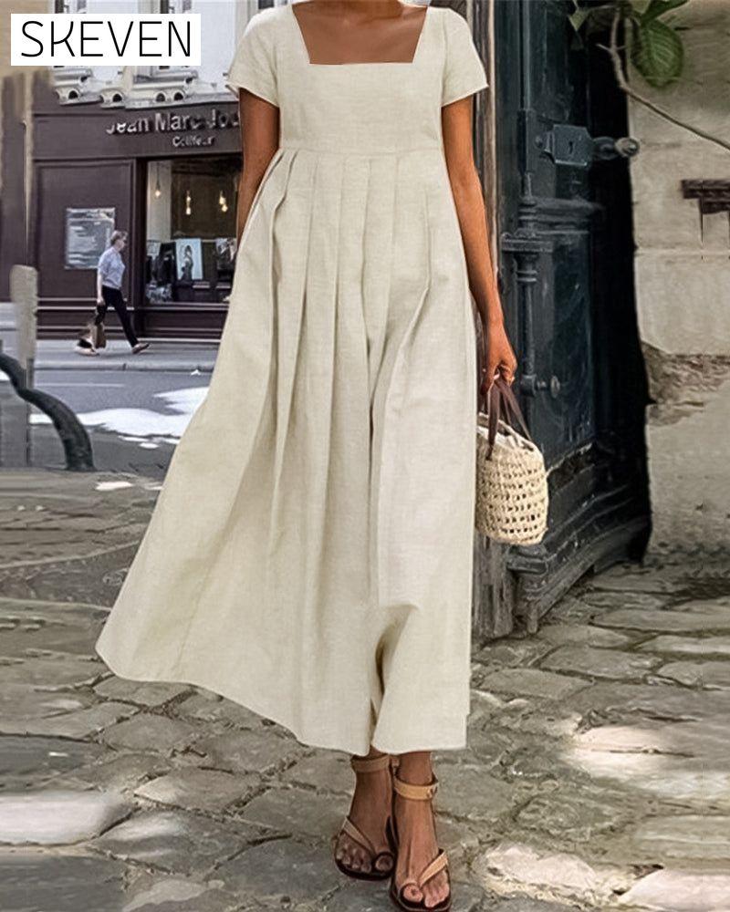 Cotton and linen square collar dress Beige 23BF Casual Dresses Clothes Cotton and Linen Dresses Spring Summer