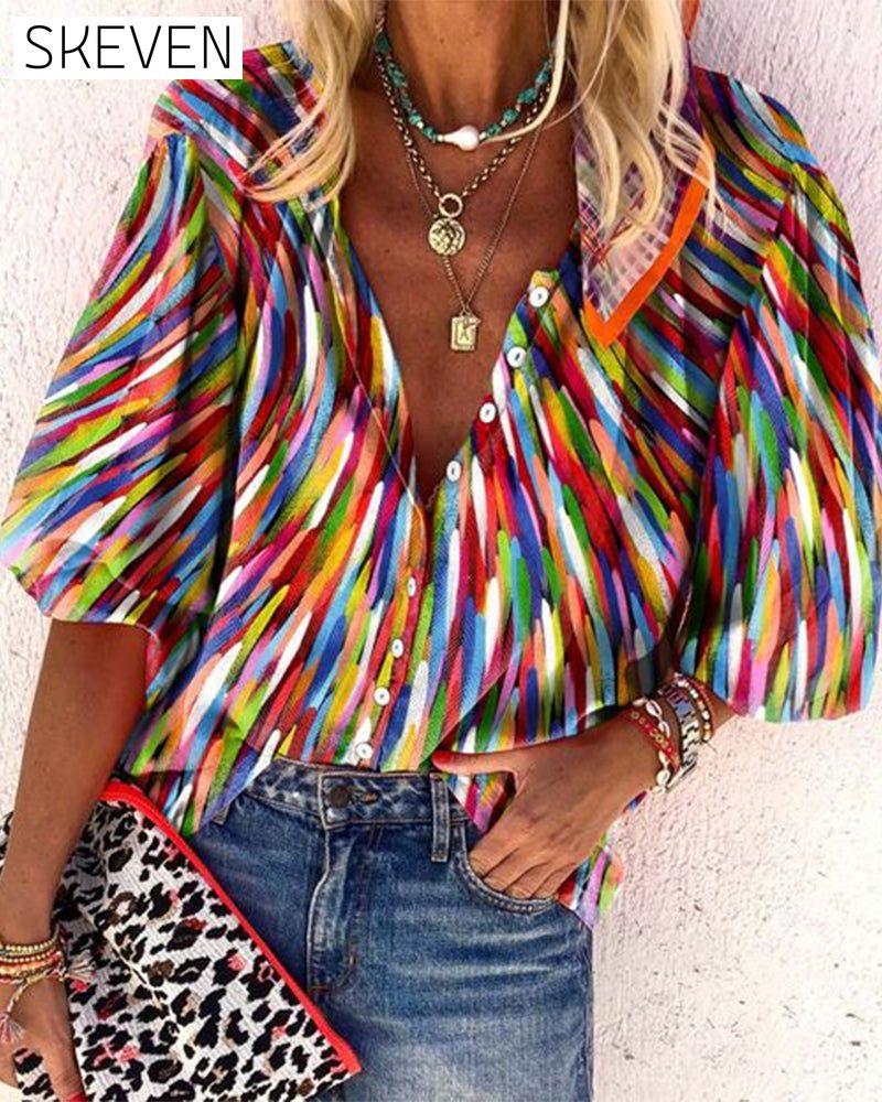 Fashionable colorful print v-neck blouse