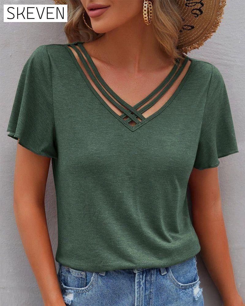 Solid color Cut Out T-shirt Dark green 23BF clothes Short Sleeve Tops Summer T-shirts Tops/Blouses