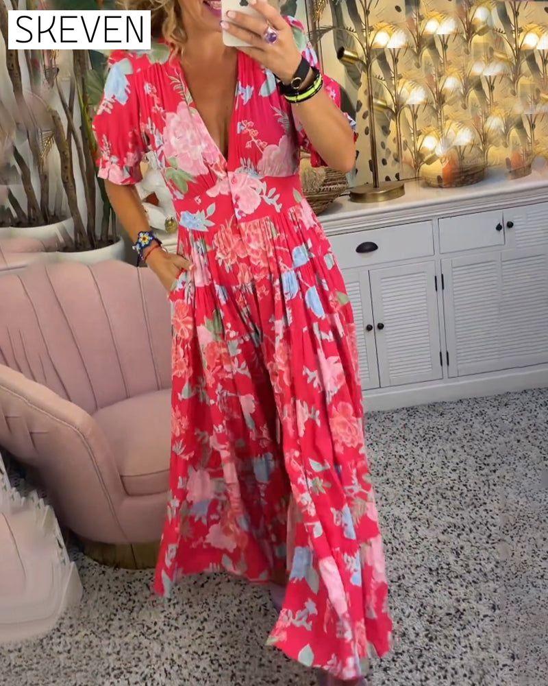 Floral print v-neck pocket dress 23BF Casual Dresses Clothes discount Dresses Spring Summer