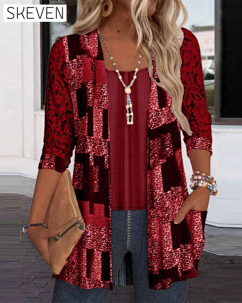 Faux Two-Piece Printed Long-Sleeved Blouse
