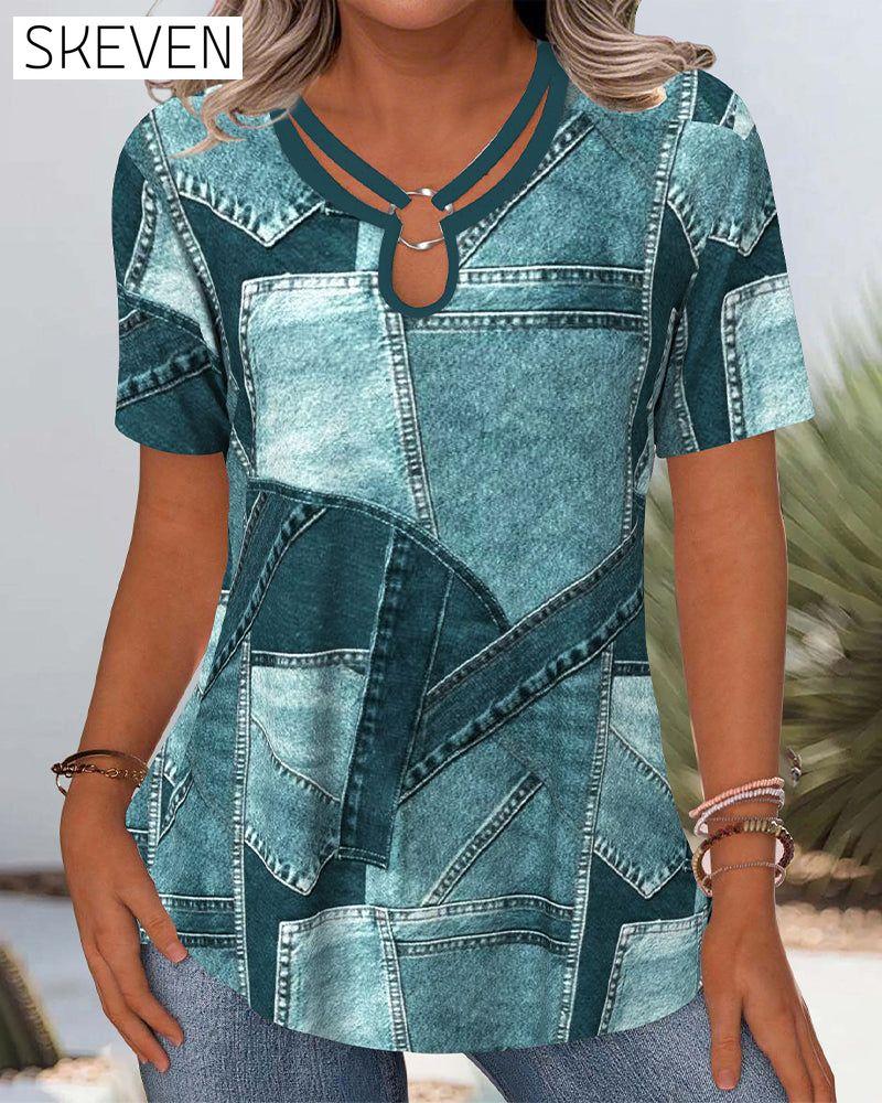 Vintage-Denimbluse mit Kontrastausschnitt