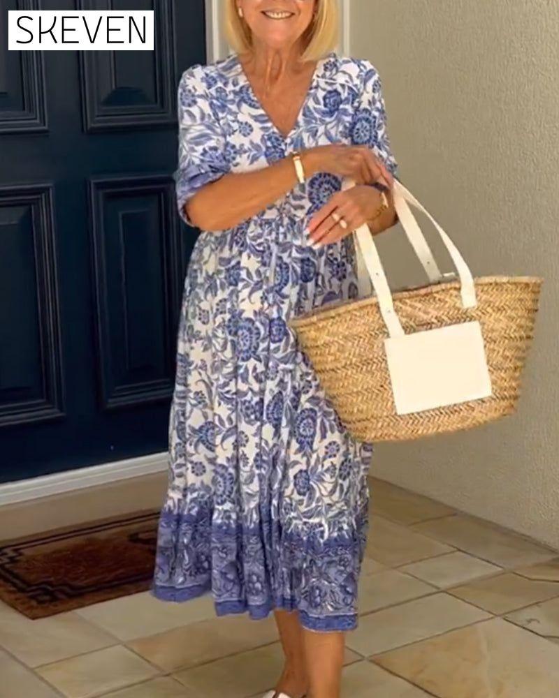 V Neck Blue Floral Print Dress Blue 23BF Casual Dresses clothes dresses Spring Summer