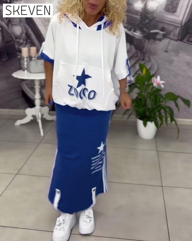 Hooded Drawstring Printed Skirt Set
