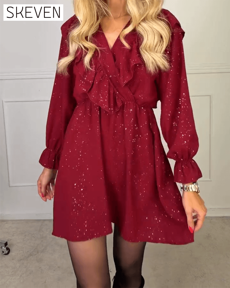 Stilvolles einfarbiges Kleid mit V-Ausschnitt