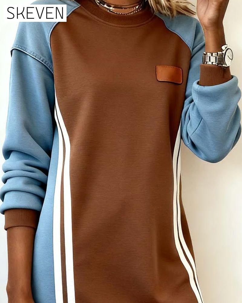 Long-Sleeved Color Block Round Neck Straight Dress