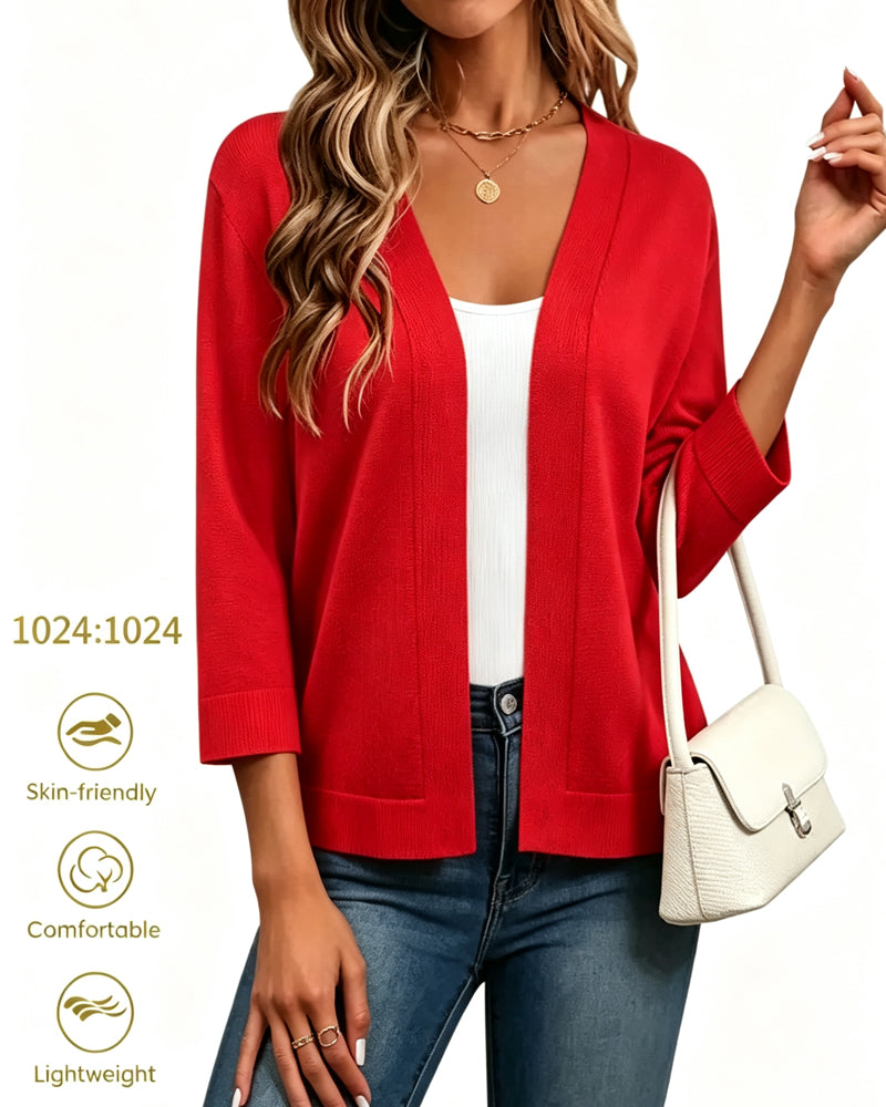 Elbow-Length Sleeve Open Front Knit Cardigan