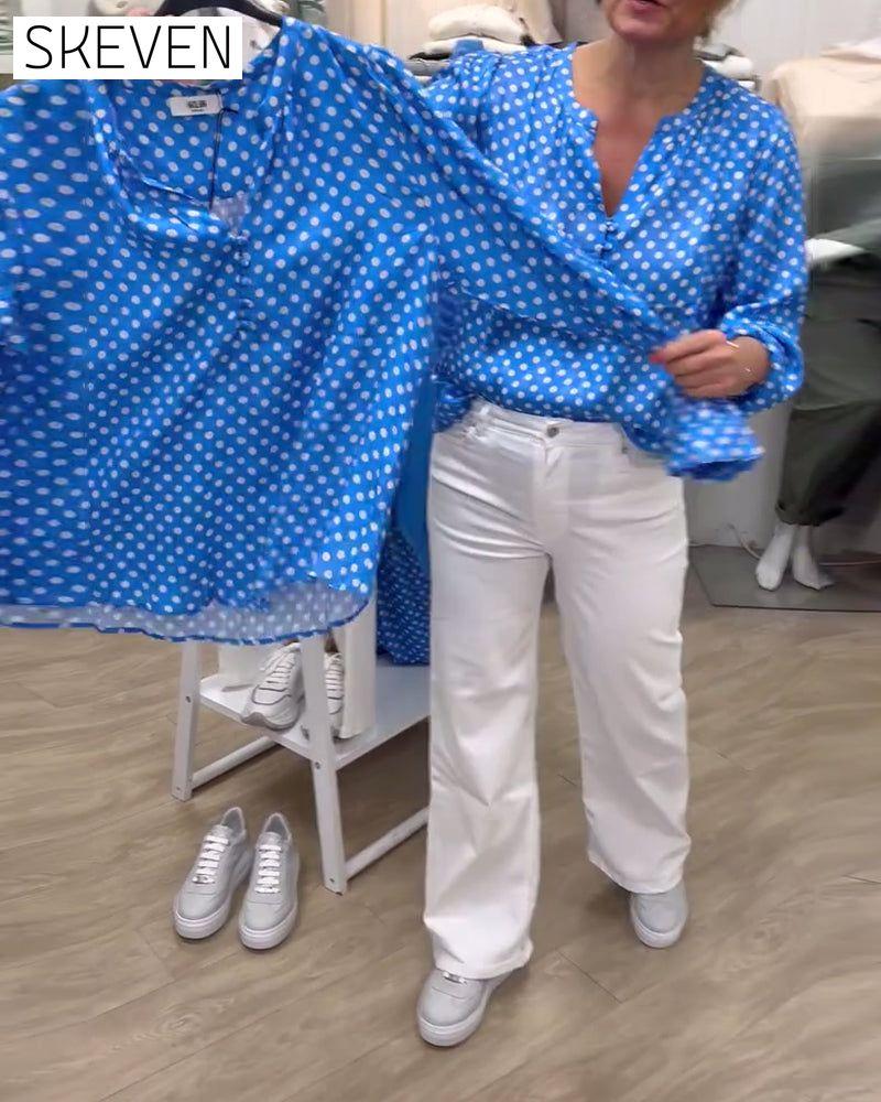 Long Sleeve Stand Collar Printed Blouse