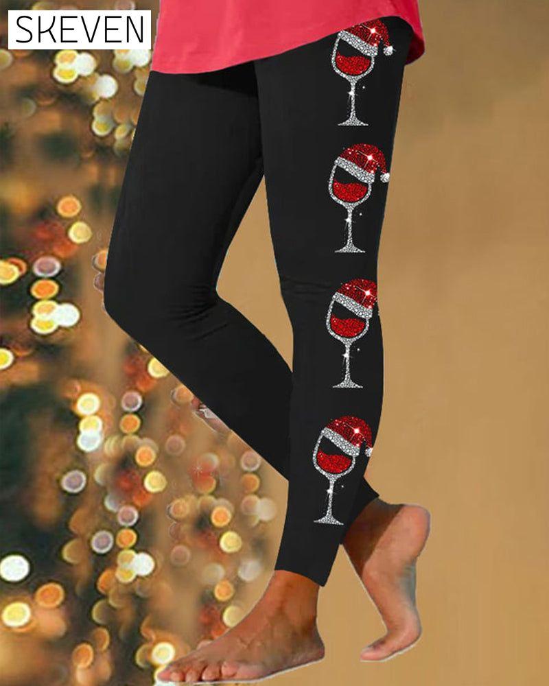 Leggings pour femmes avec imprimé verre à vin brillant de Noël