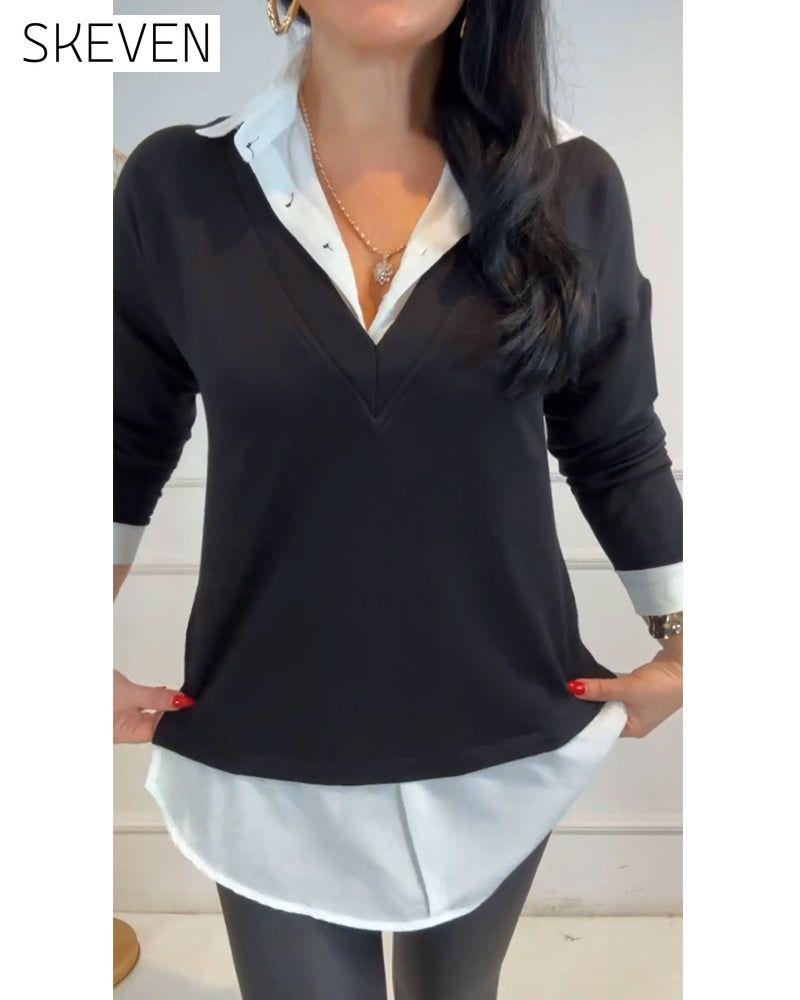 Reverskragen-Top mit schwarz-weißem Patchwork-Muster