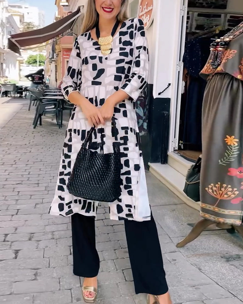 Checkered Square Hem Side-Slit Top