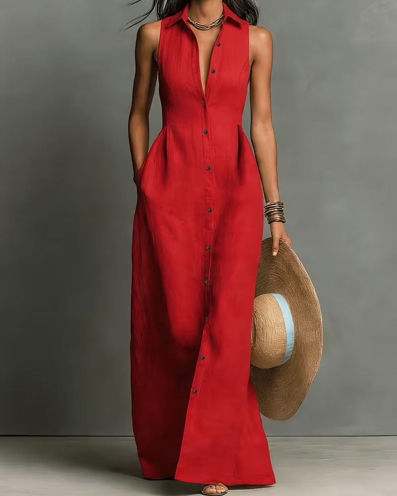 Sleeveless Collared Shirt Maxi Dress