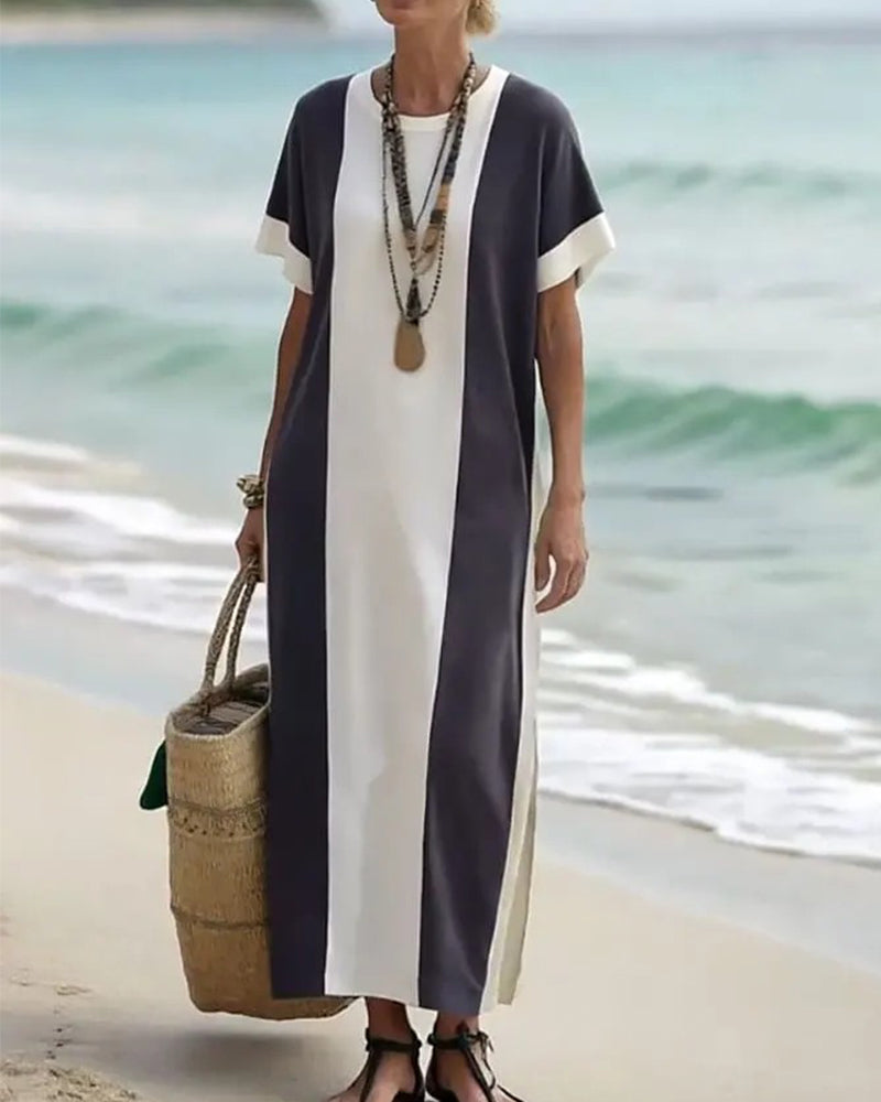 Contrast Color Short Sleeve Long Dress