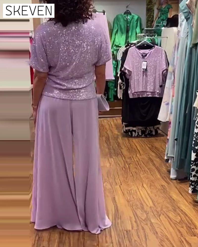 V-neck short-sleeved loose sequined blouse
