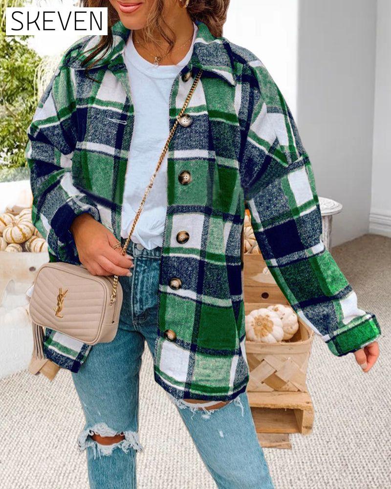 Casual plaid print button lapel jacket