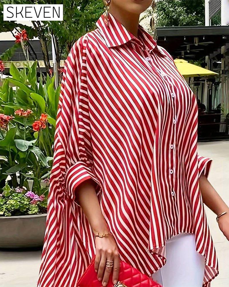 Stripe print irregular button lapel shirt 202466 blouses & shirts spring summer