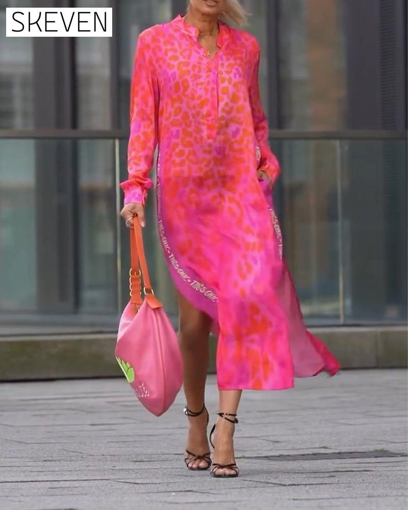 Long-Sleeved Leopard Print Slit Dress
