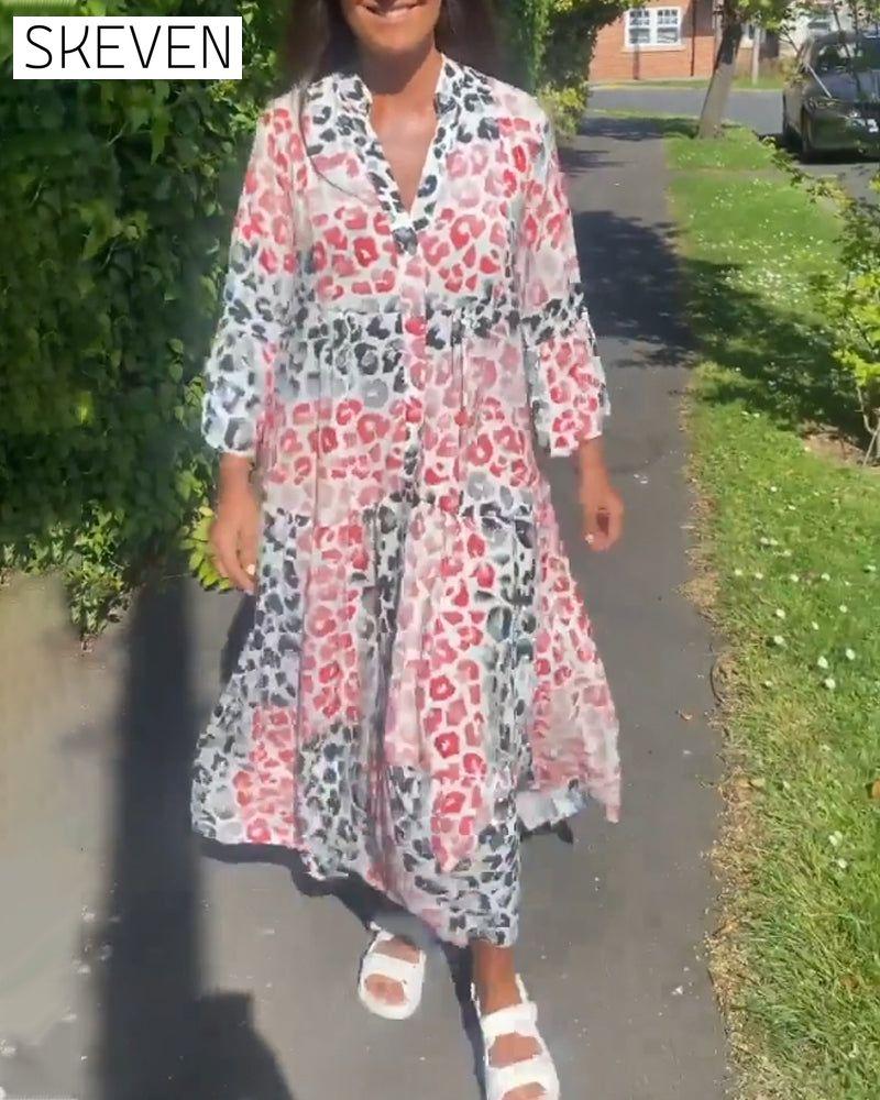 V-neck printed ruffle casual dress