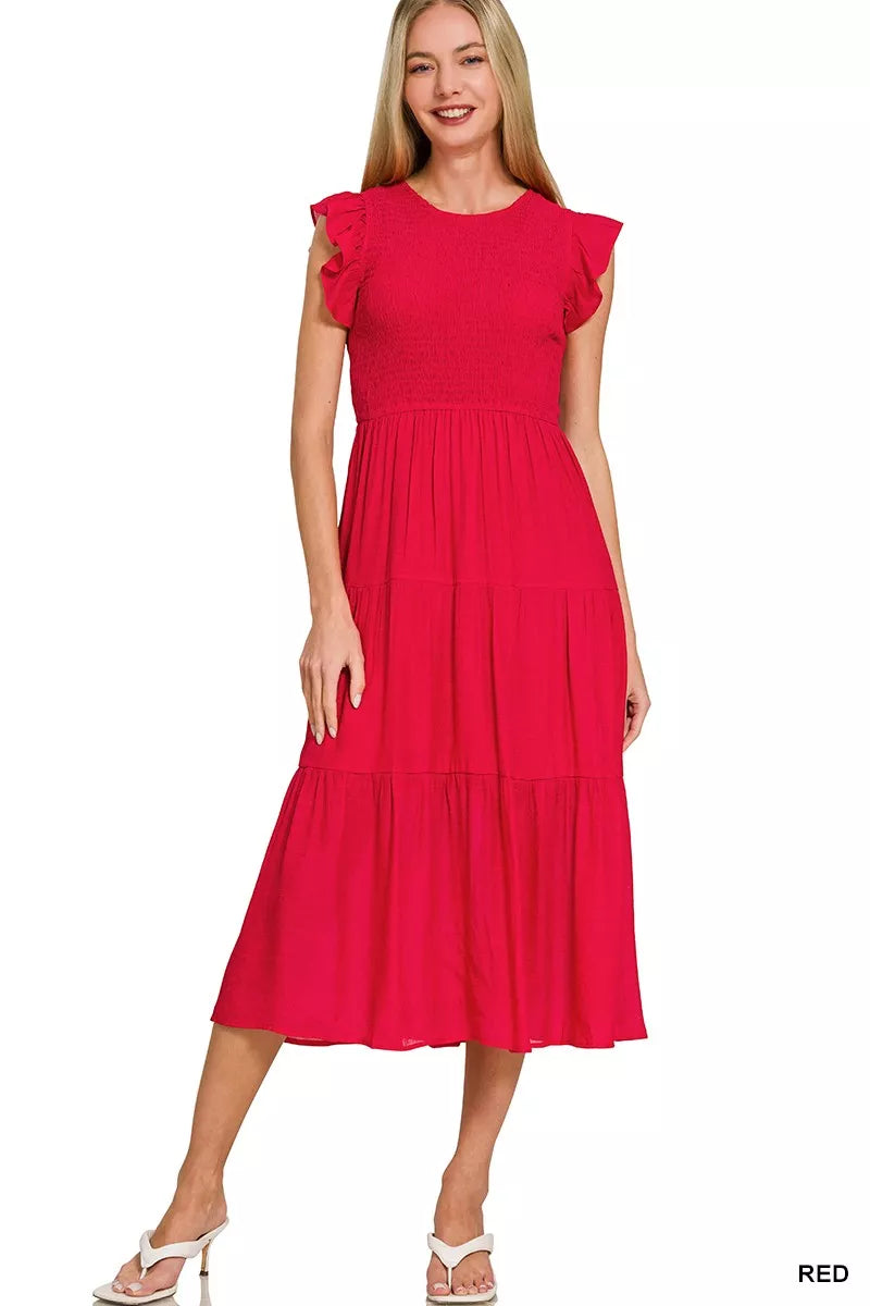 Woven Smocked Ruffle Sleeve Midi Dress
