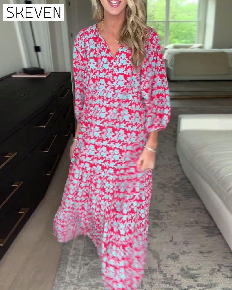 robe longue fleurie à col V et manches lanternes
