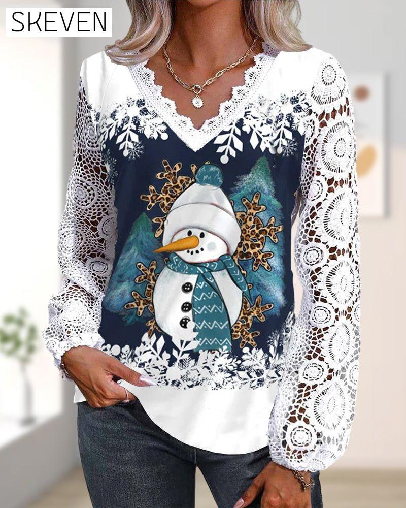 Langarmbluse mit Schneemannmotiv aus Spitze