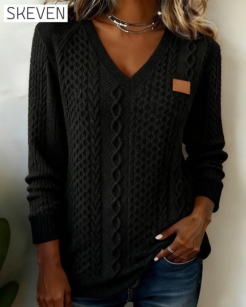 Langarm-Sweatshirt mit Lederlabel und V-Ausschnitt