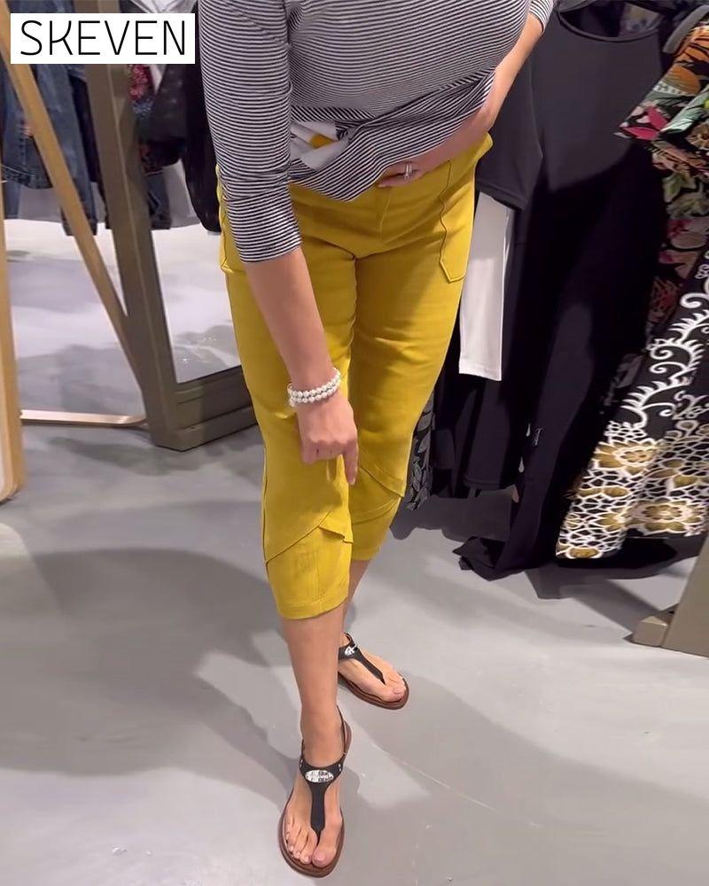 Pantalon court décontracté fuselé en coton et lin