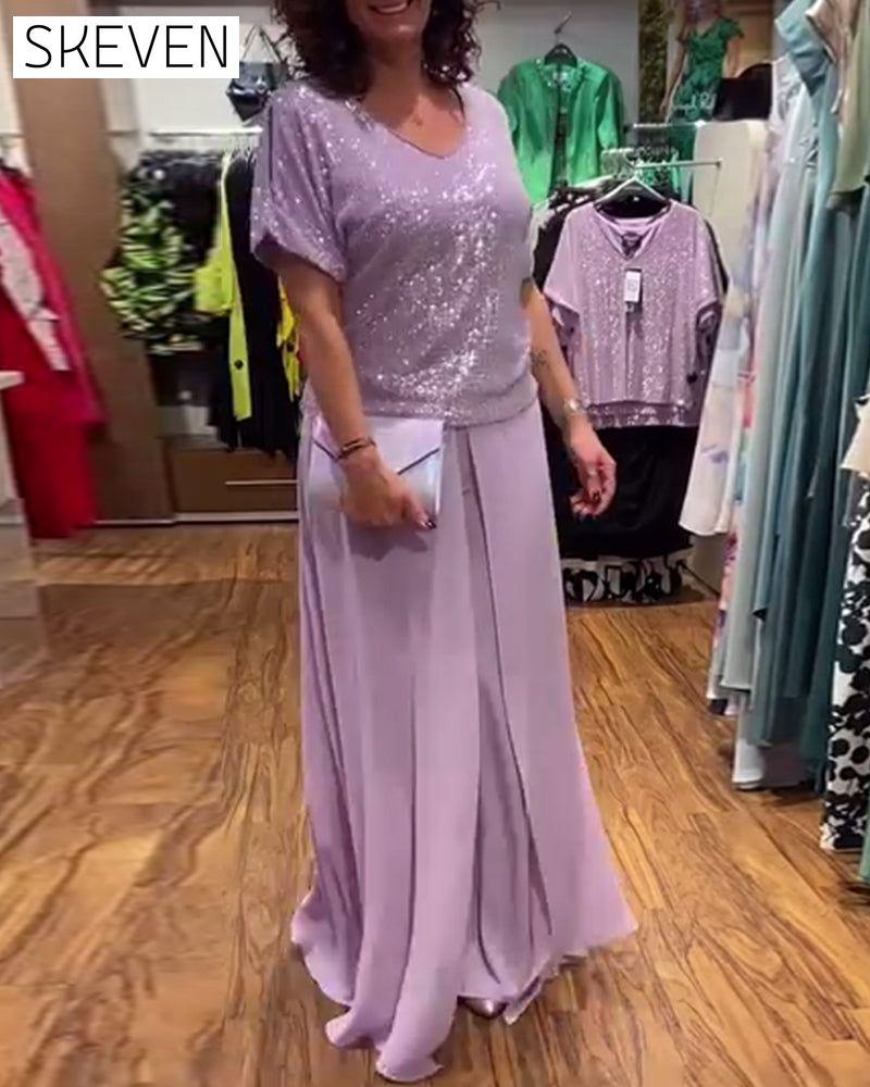 V-neck short-sleeved loose sequined blouse