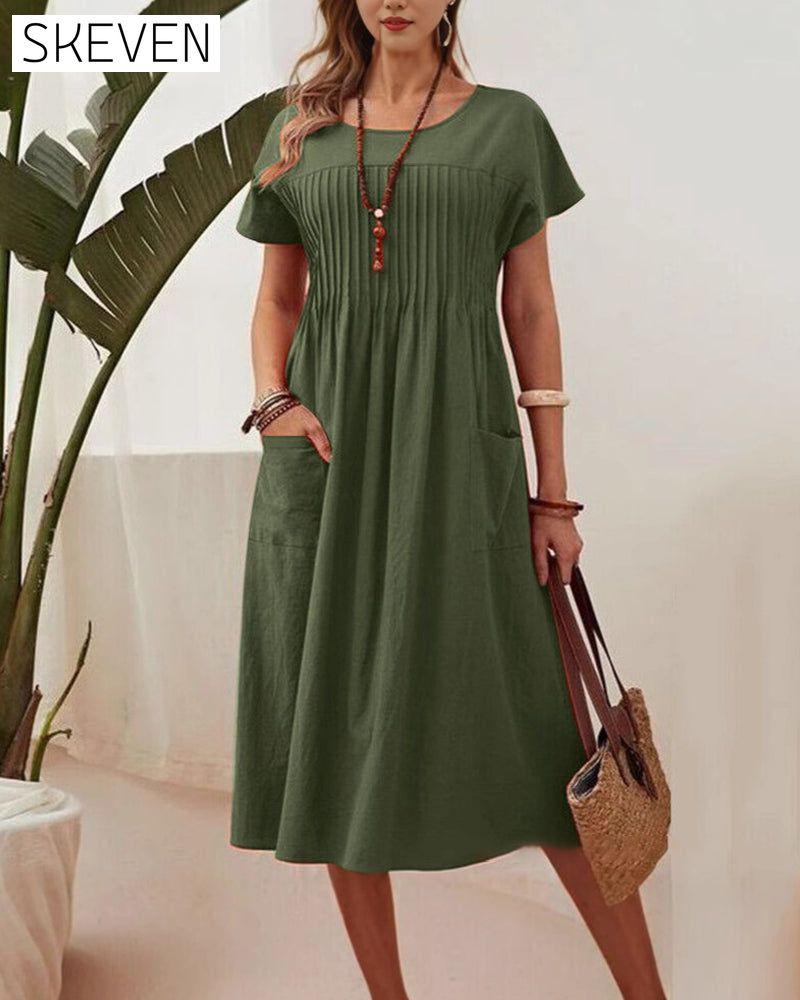 Pleated Short Sleeve Cotton And Linen Dress