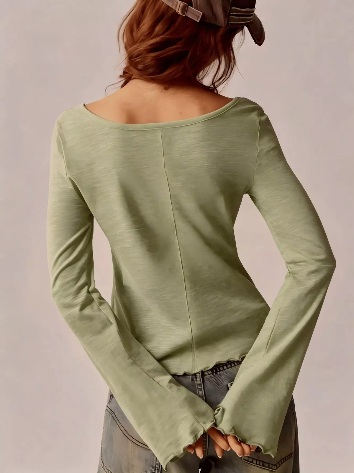 Square Neck Long Sleeve Slim-Fit T-Shirt