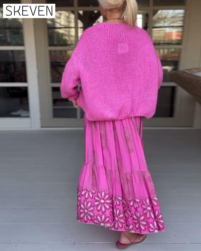 Einfarbige, langärmelige Freizeitstrickjacke