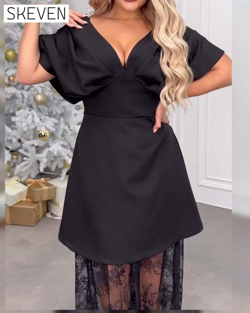 Deep V Fashionable Lotus Lace Skirt Set