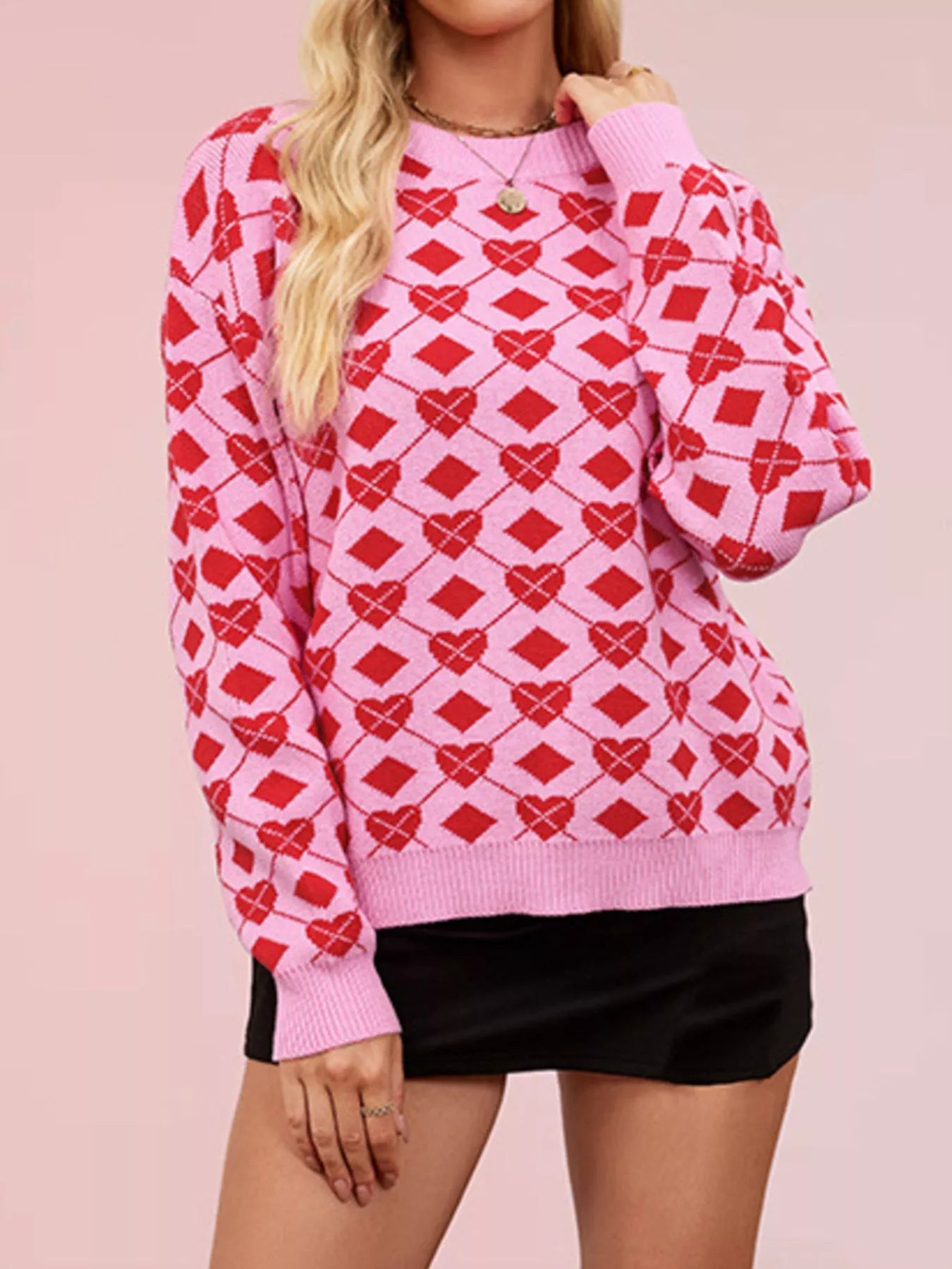 Heart Pattern Argyle Knit Long Sleeve Sweater