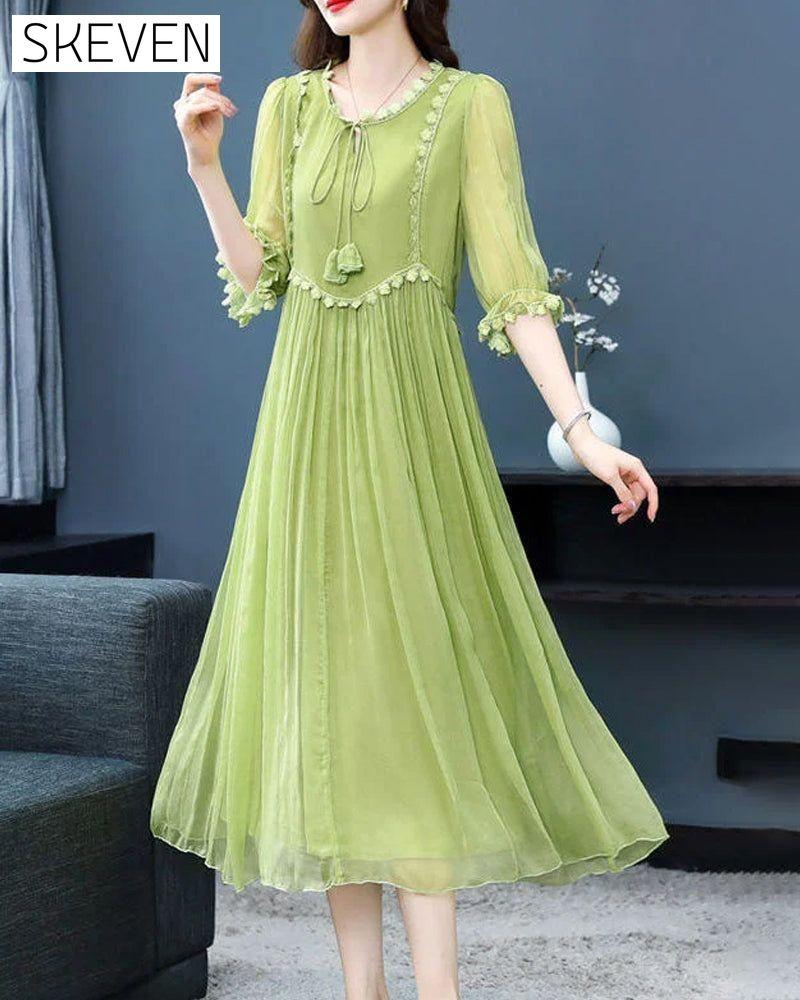 Elegant solid color dress with puff sleeves casual dresses spring summer